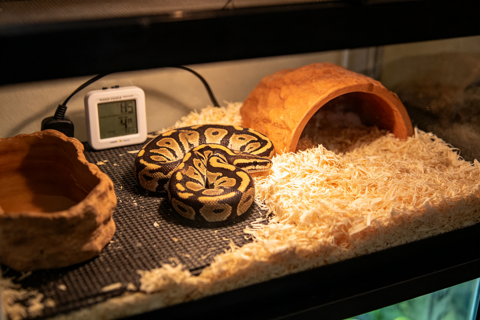 蛇類飼養環境配置：加熱墊與隱藏窩